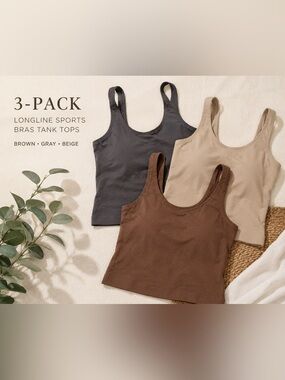 3-Pack Longline Sports Bras Tank Tops Brown Gray Beige Size Large